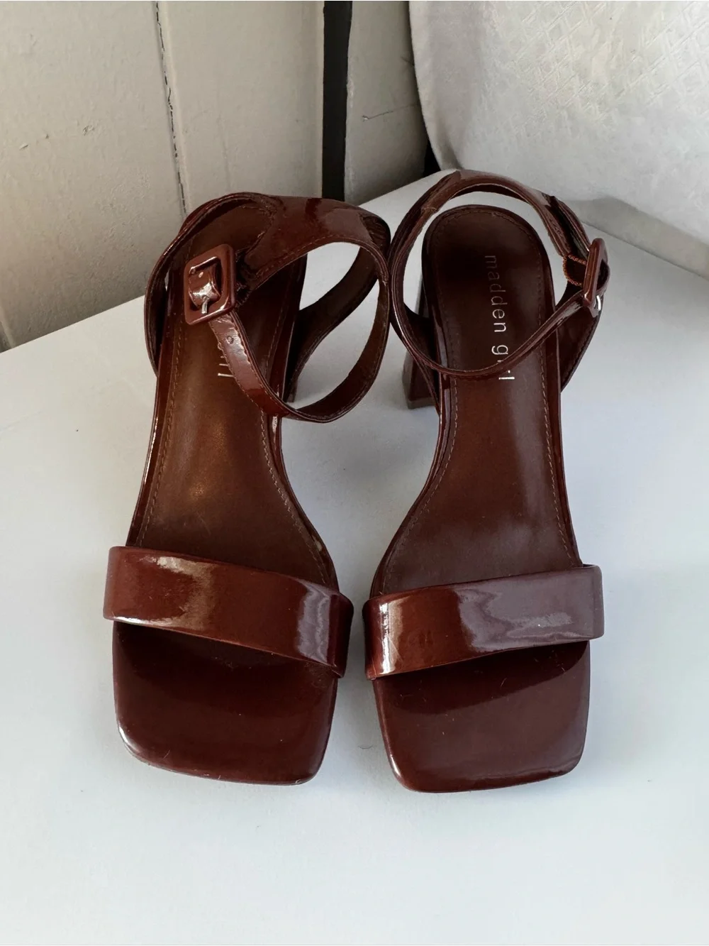 Madden Girl Chocolate Patent Square-Toe Ankle Strap Block Heels